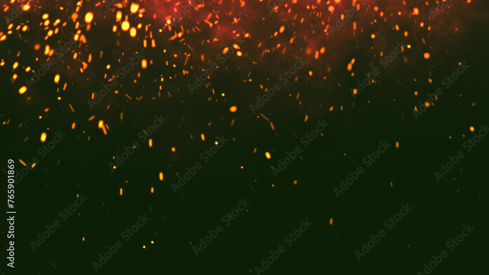 Dark Glitter Fire Lights Rise Through Smoke, Fog, and Misty Texture Over Black Background, Burning Sparks in this Abstract Composition, Red Glowing Ember Particles.