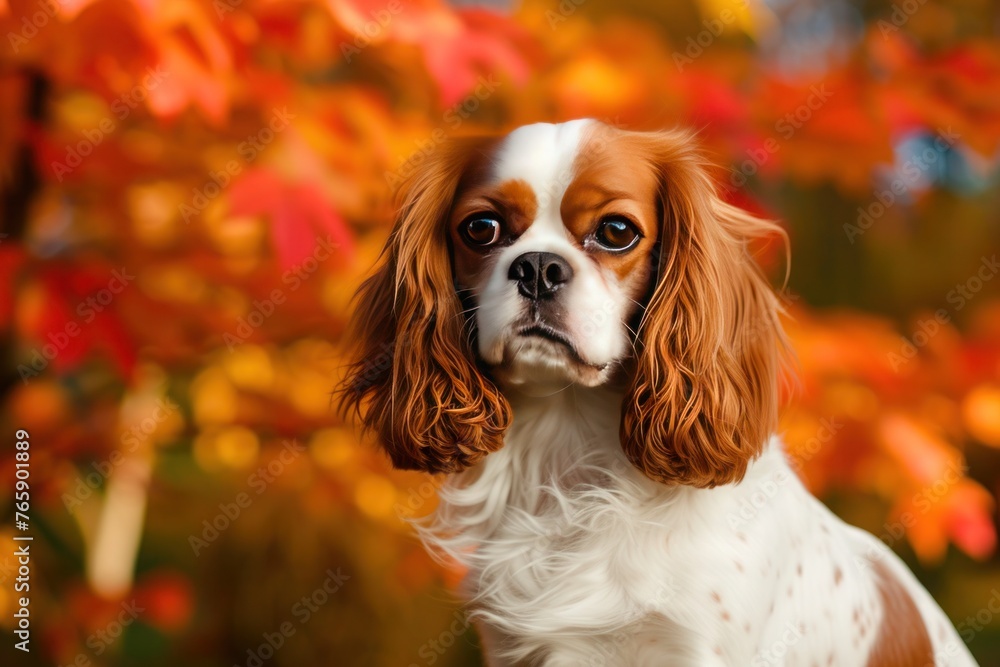A majestic Cavalier King Charles Spaniel posing against a backdrop of autumn foliage, its rich coat complementing the vibrant colors of the season