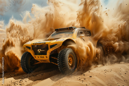 Off-Road Rally Truck Dominating the Desert Dunes, Explosive Sand Action, Racing Power