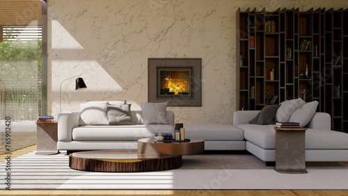 Large luxury modern bright interiors Living room mockup illustration 3D rendering image