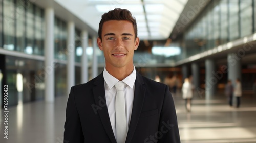 Businessman in Suit and Tie Standing in Modern Building