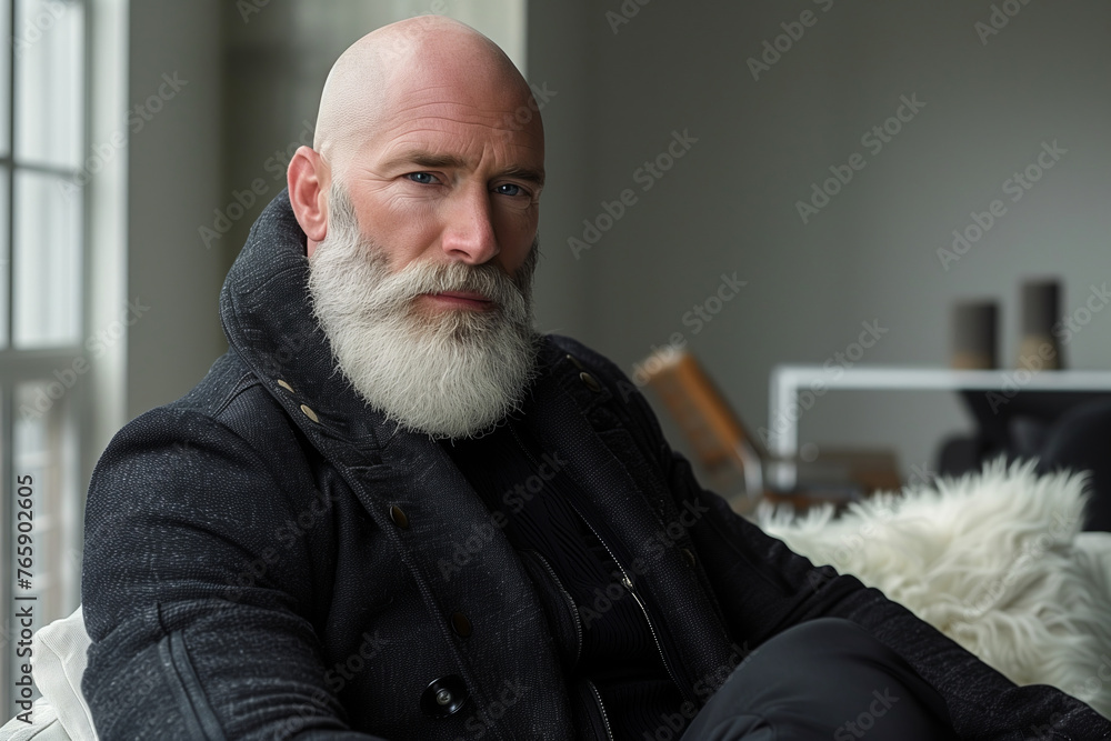 Obraz premium Mature Bald Man with Full Beard in Textured Jacket, Refined Strength