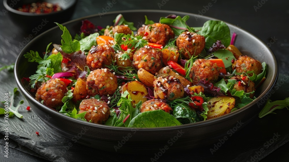 Food photography of funky falafel powerful salad, generated with AI