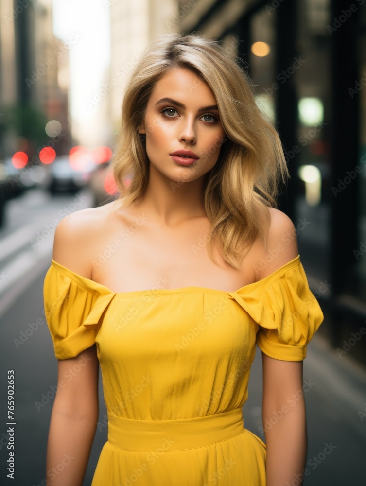 Woman in Yellow Dress Standing on Street Woman in Yellow Dress Standing on Street