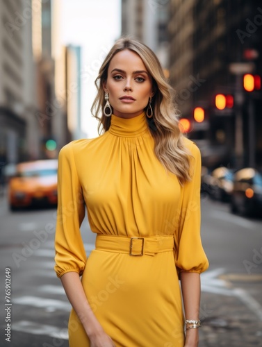 Woman in Yellow Dress on Street