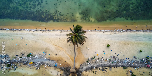 A palm tree standing on the beach and everything is covered in garbage, nature is drowning in trash and waste, an environmental catastrophe is approaching photo