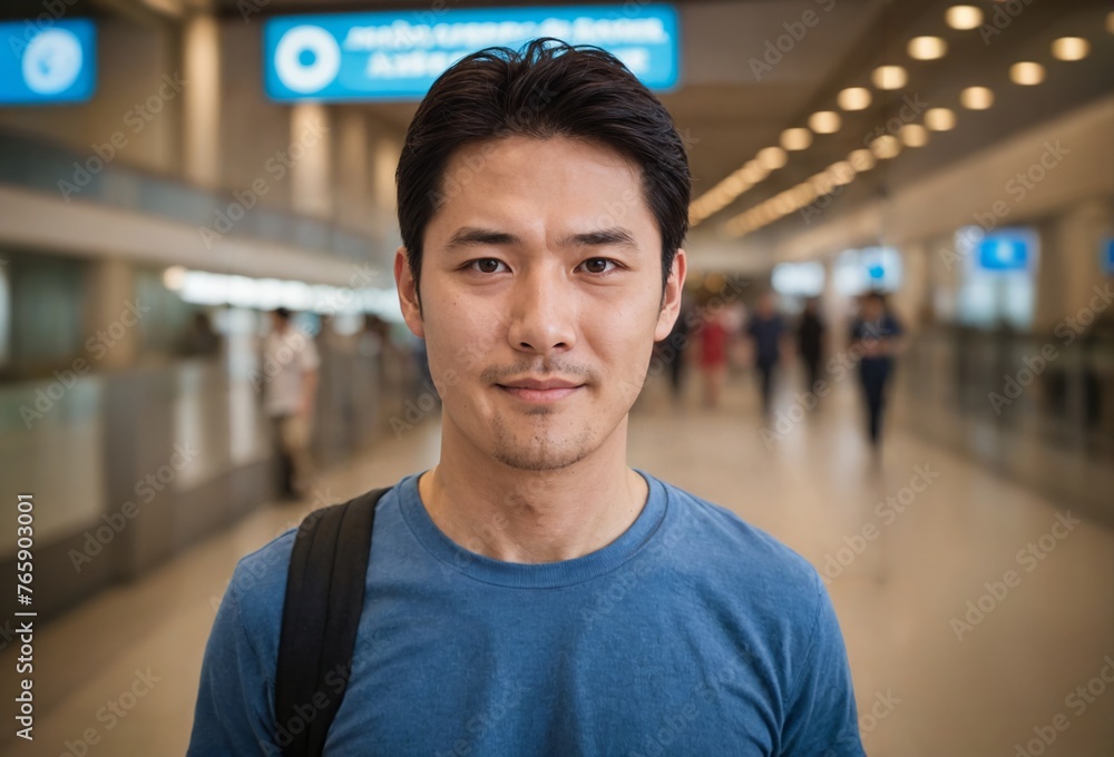 Fototapeta premium Smiling Japanese male at the airport. Happy Asian man walks through the airport.