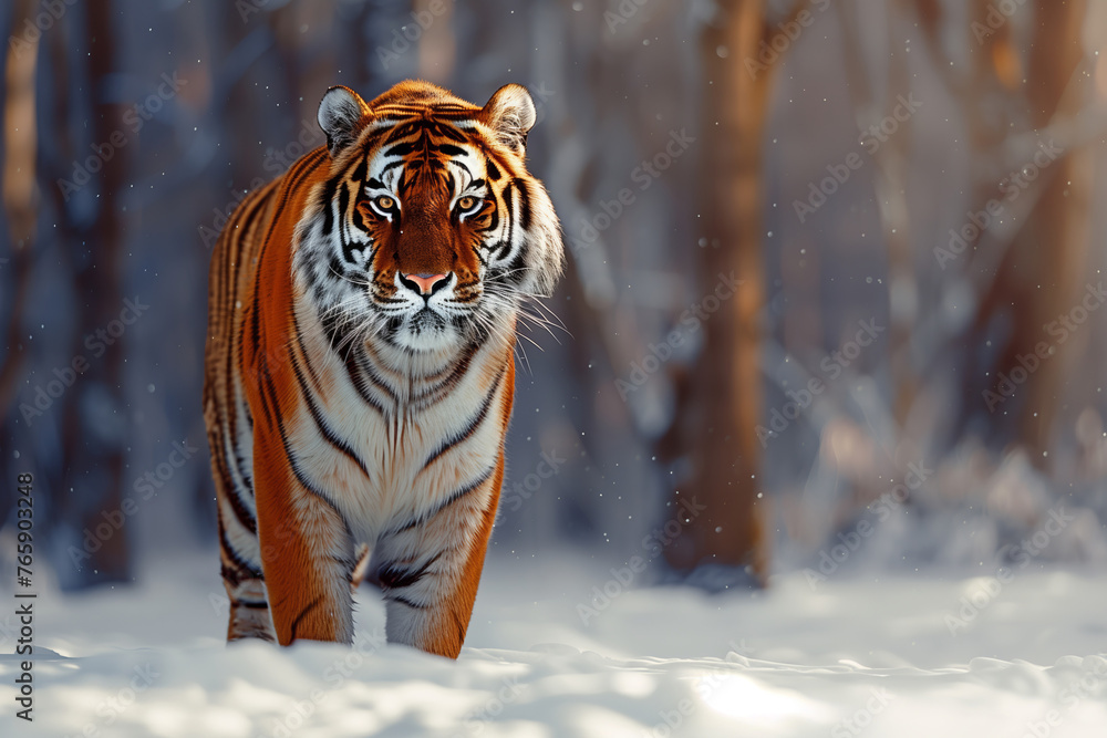 Obraz premium Siberian Tiger Prowling in Snowy Forest, Winter Predator's Gaze