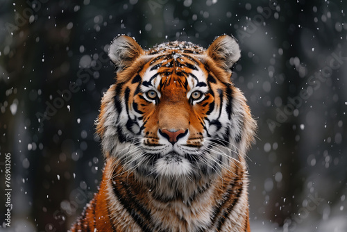 Siberian Tiger in Snowy Forest, Intense Gaze Amidst Falling Snow