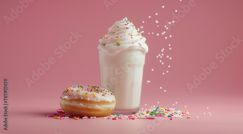 Product photography of a donut and milkshake in front, with a pink background, white cream on top of the glass cup and sprinkles around it, with a brand logo, high resolution, studio lighting, minimal