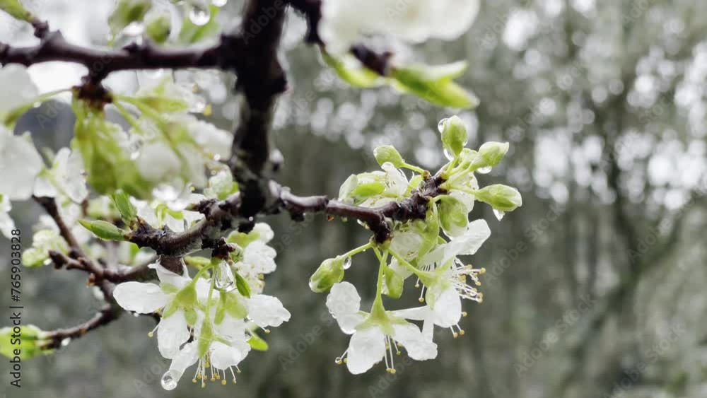 Amazing blooming plum tree in cloudy day with raindrops, green buds and blooming flowers with white petals, wet plum tree branch against nature background Amazing blooming plum tree in cloudy day with raindrops, green buds and blooming flowers with white petals, wet plum tree branch against nature background