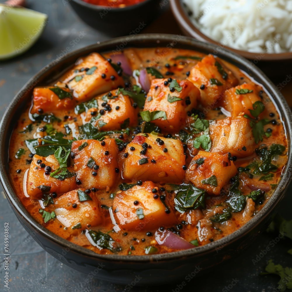 Realistic image of kerala style fish curry in a bowl with bakground, view from top, generated with AI Realistic image of kerala style fish curry in a bowl with bakground, view from top, generated with AI
