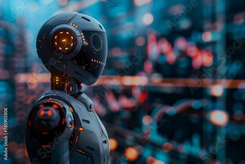 Robot standing in front of an ai-generated trading chart, symbolizing the integration and use of artificial intelligence for stock market analysis in the style of vray, generated, generated with AI photo