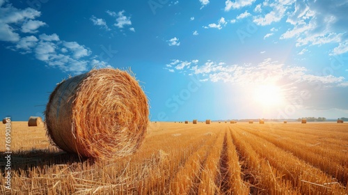 Straw bale in the middle of a very large field with many bales in the distance. the sky is blue, generated with AI