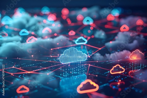 Cloud Computing: Network Connections Shaped Like Clouds Symbolizing Data Transfer. Concept Cloud Computing, Network Connections, Data Transfer, Digital Infrastructure, Technology Trends