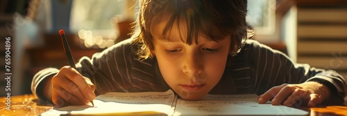 Children schoolchildren write homework in a notebook, studying at school, school years photo