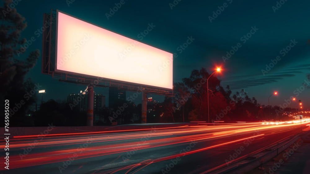 White Blank Illuminated Billboard on Busy Road at Night, Generative AI