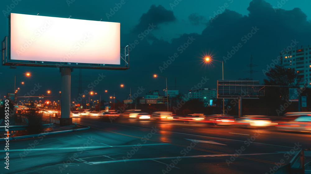 White Blank Illuminated Billboard on Busy Road at Night, Generative AI