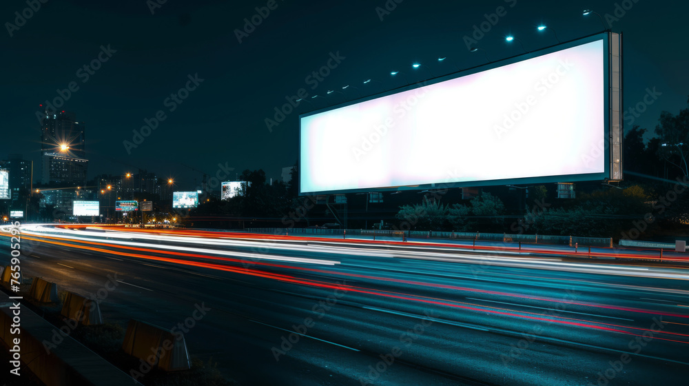 White Blank Illuminated Billboard on Busy Road at Night, Generative AI