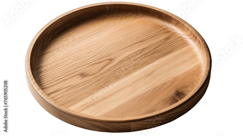 A round wooden serving tray seen from above isolated on a transparent background
