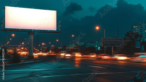 Obraz na płótnie White Blank Illuminated Billboard on Busy Road at Night, Generative AI w salonie