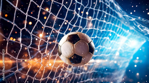 A soccer ball is flying through a net with sparks flying out of it. Concept of excitement and energy, as if the ball is in mid-air and about to score a goal. The sparks add a dynamic