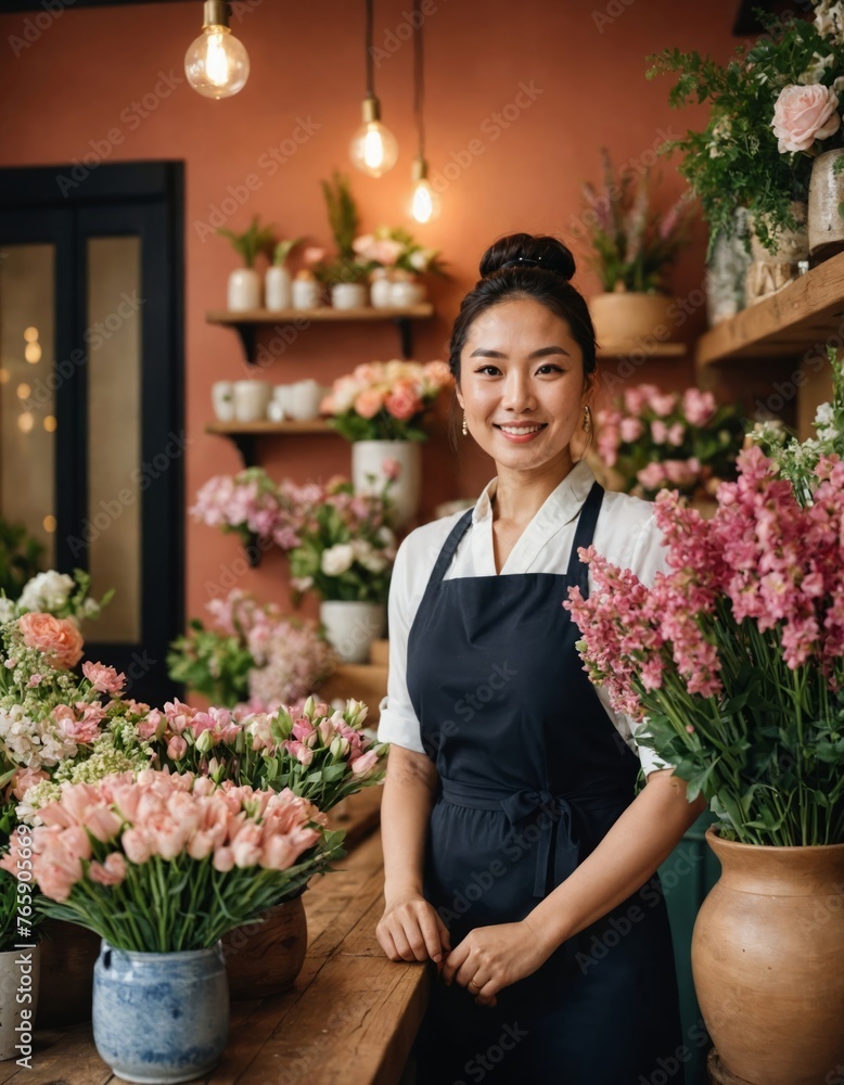 Photo of a smiling Japanese woman working inside a florist shop, surrounded by beautiful flowers and greenery