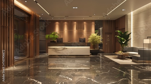 Luxurious hotel lobby interior with polished marble floors and wooden reception desk. Indoor plant decoration and contemporary art for upscale hospitality design.