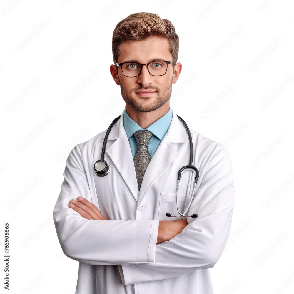 Handsome friendly young doctor on a transparent background
