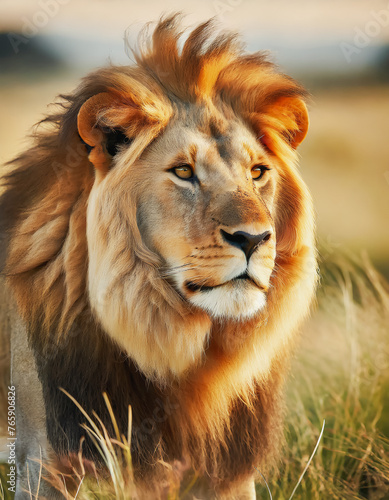 Joli portrait en gros plan d un lion dans la nature  arri  re plan flout    lumi  re dor  e