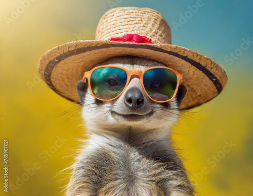 A silly suricate with sunglasses and a hat, ready for the summer, on a yellow background2 photo