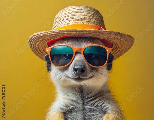 A silly suricate with sunglasses and a hat, ready for the summer, on a yellow background2