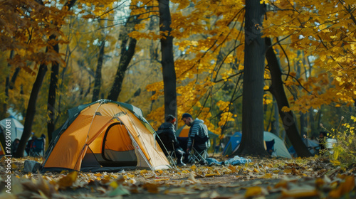 Tourists camping tent in summer forest