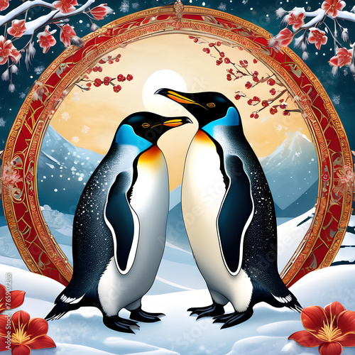 Two penguins, dressed in their finest wedding attire, stand proudly on top of a frost-covered igloo on their special Lunar New Year. The backdrop is a stunning display of fantasy-conjured lines and to photo