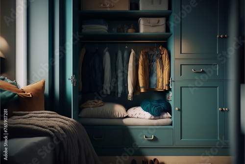 A neatly arranged teal wardrobe with a selection of clothes and bags, viewed from a cozy bedroom setting photo