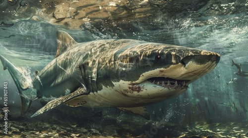 Great white shark in underwater environment with fish and sunlight. Marine life and ocean ecosystem concept