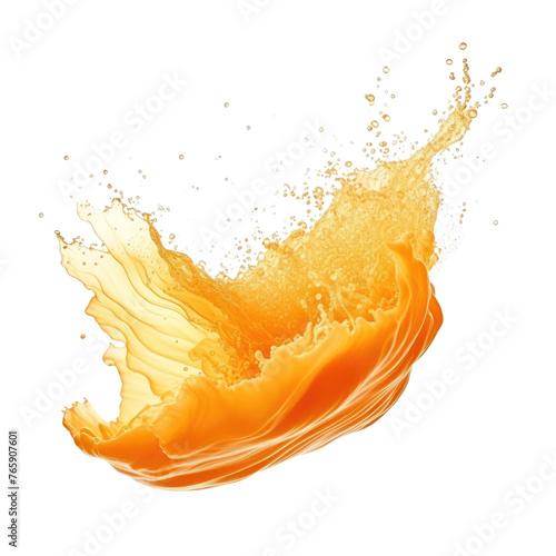 A splash of orange juice is shown in a white background. The juice is in a splash form, with a lot of bubbles and foam. Concept of freshness and energy, as well as the idea of a healthy © DX