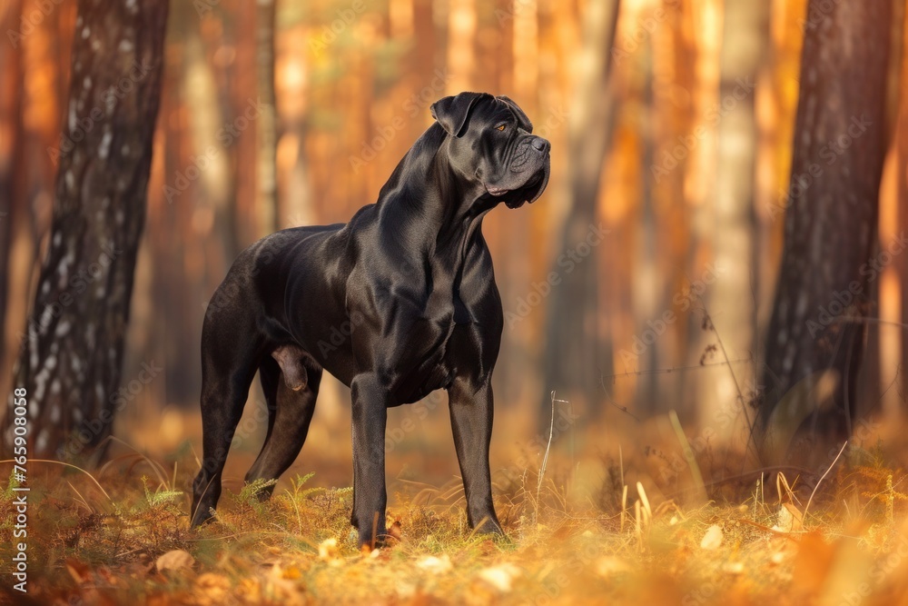 A regal Cane Corso standing alert amidst a forest of towering trees, its sleek coat gleaming in the dappled sunlight.