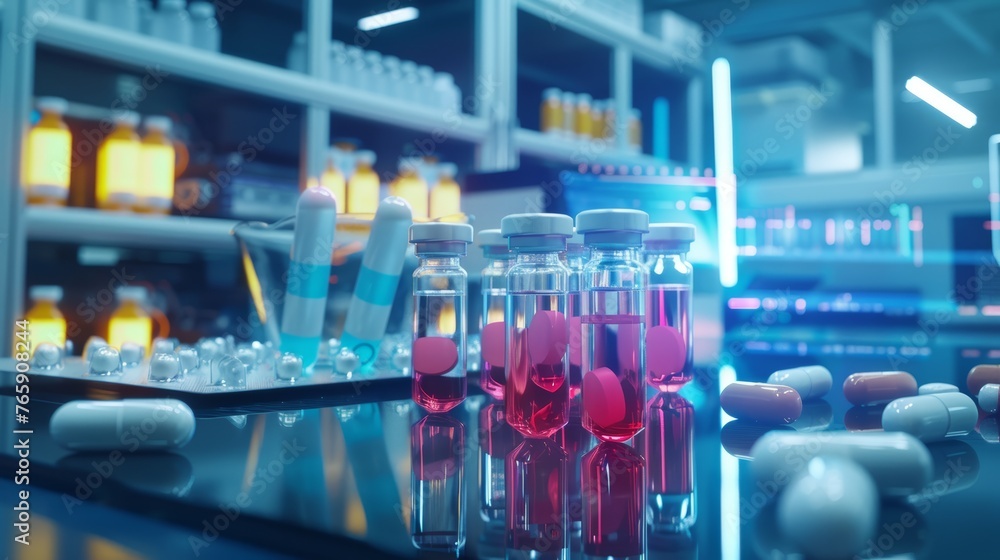 Laboratory vials with pink liquid on a high-tech machine. Pharmaceutical research and development concept