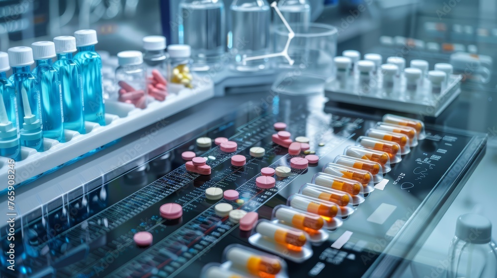 Pharmaceutical production line with various drugs and pills on conveyor. Industrial pharmaceutical concept.