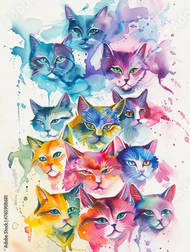 Many cats of various colors are depicted in a vibrant painting  showcasing their diverse appearances and personalities