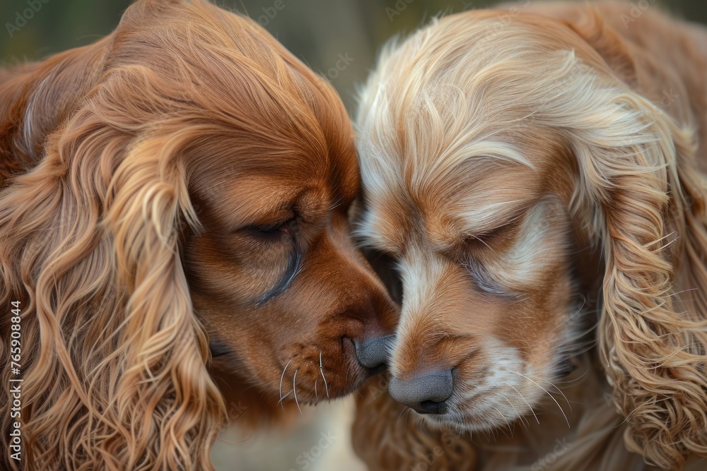 A pair of English Cocker Spaniels sharing a tender moment, their affectionate nuzzles and gentle demeanor epitomizing the breed's loving nature, A pair of English Cocker Spaniels sharing a tender moment, their affectionate nuzzles and gentle demeanor epitomizing the breed's loving nature,