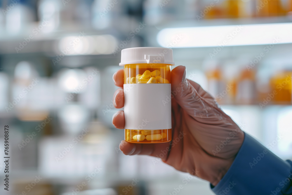 A person's hand, clad in a protective latex glove, holding a translucent orange prescription bottle filled with yellow capsules. A person's hand, clad in a protective latex glove, holding a translucent orange prescription bottle filled with yellow capsules.