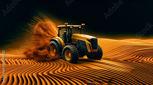 A red tractor is driving through a field of orange waves. The image has a dreamy, surreal quality to it, as if the tractor is floating on top of the waves photo