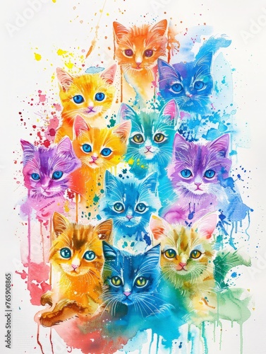 Numerous cats with various painted hues gathered in one place  showcasing a vibrant and colorful sight
