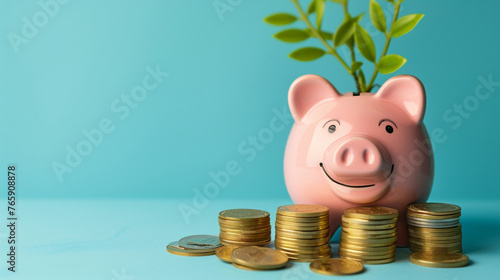 Fototapeta Naklejka Na Ścianę i Meble -  smiling pink pig piggy bank with a green plant growing out of it and stacks of gold coins isolated on a blue background investing success savings concept