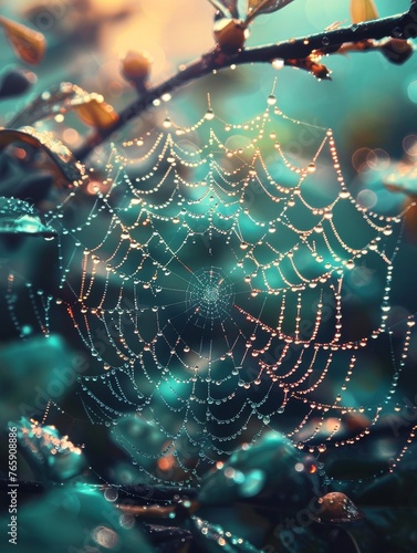 Dewdrops glisten on spiderwebs, sunlight filters through trees, forest backdrop serene, morning calm enchanting.