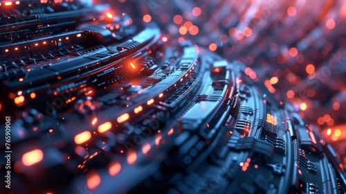 High-tech circuit board with glowing red nodes and blue lights.
