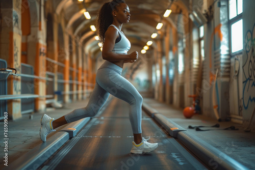Beautiful fit athlete black African American woman in sportwear doing sport exercises at gym fitness twith sweaty face. Sports training equipment workout  AI