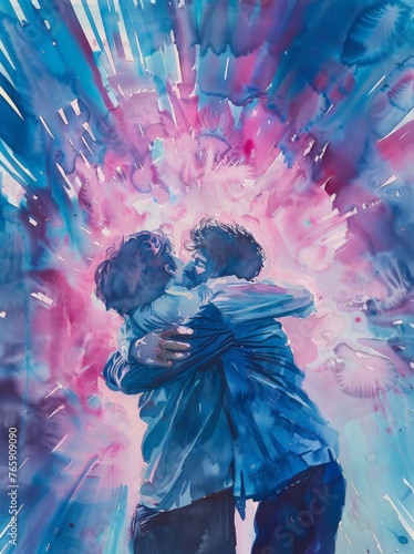 A painting featuring two individuals locked in a heartfelt hug, expressing love and connection